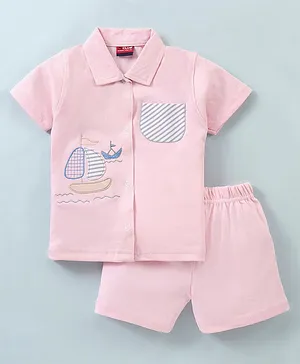 Jb Club Half Sleeves Boat Embroidered Shirt With Shorts - Pink