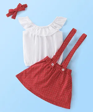 Kookie Kids Sleeveless Top & Skirt Set with Headband Polka Dots Print - White & Red