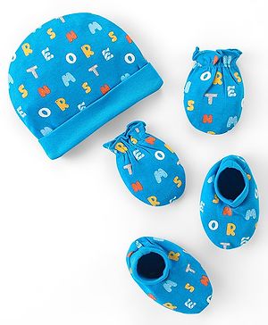 Babyhug 100% Cotton Knit Cap Mittens And Booties Alphabet Print - Blue