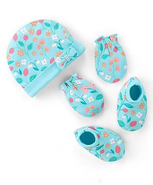 Babyhug 100% Cotton Knit Cap Mittens And Booties Floral Print - Blue