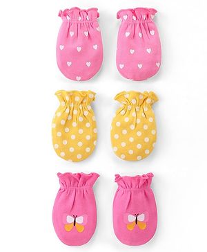 Babyhug 100% Cotton Knit Mittens With Polka Dot Print Pack of 3 - Multicolour