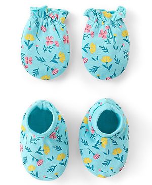 Babyhug Cotton Mittens & Booties Set Floral Print - Blue