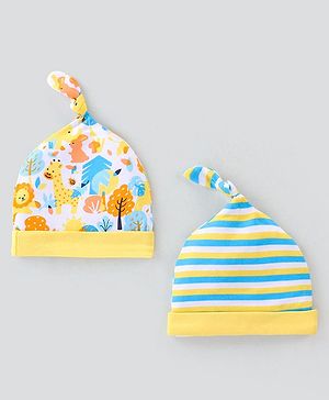 Babyhug 100% Cotton Knit Cap Animal Print Pack of 2 - Blue & Yellow