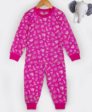 Hugsntugs Cotton Jersey Knitted Full Sleeves Seashell & Seahorses Printed Coordinating Tee & Pajama Set - Pink
