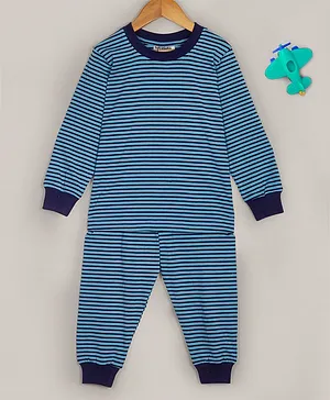 Hugsntugs Cotton Jersey Knitted Full Sleeves Striped  Coordinating Tee & Pajama Set - Blue