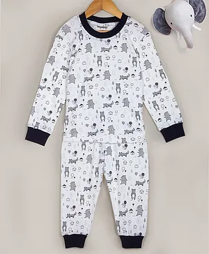 Hugsntugs Cotton Jersey Knitted Full Sleeves Fox & Bear Printed   Coordinating Tee & Pajama Set - White