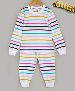 Hugsntugs Cotton Jersey Knitted Full Sleeves Striped   Coordinating Tee & Pajama Set - White