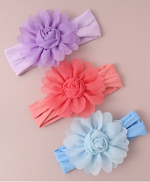 Babyhug Free Size Headbands With Flower Applique Pack of 3 - Red Blue & Purple