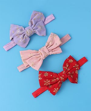 Babyhug Free Size Headbands With Bow Applique Pack of 3 - Red Pink & Purple