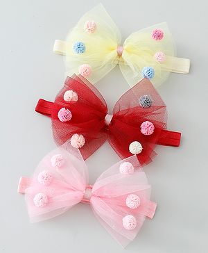 Babyhug Bow Applique Headbands Pack of 3 - Pink Yellow & Red