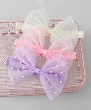 Babyhug Free Size Headbands With Pearls & Bow Applique Pack of 3 - Pink White & Purple