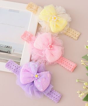 Babyhug Free Size Headbands With Bow Applique Pack of 3 - Pink Purple & Yellow