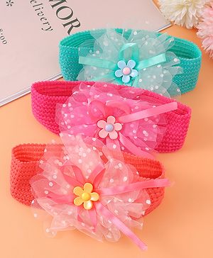 Babyhug Headbands with Floral Applique Free Size Pack of 3 - Blue Dark PInk & Orange