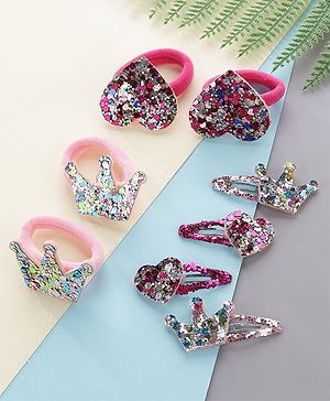 Babyhug Free Size Snap Clips with Rubber Band with Sequined Heart & Crown Applique Pack of 8 - Multicolour