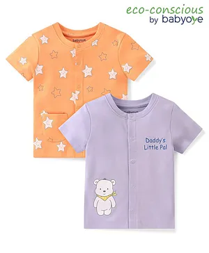 Babyoye 100% Cotton with Eco Jiva Finish Half Sleeves Vests Teddy Print Pack Of 2 - Orange & Purple