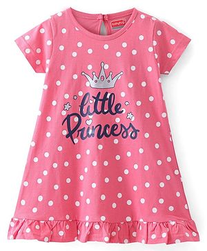 Babyhug Single Jersey Knit Half Sleeves Polka Dots & Text Printed Nighty - Pink
