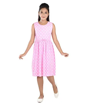 Clothe Funn Sleeveless Polka Dots Printed Bow Embellished Knitted Dress - Pink
