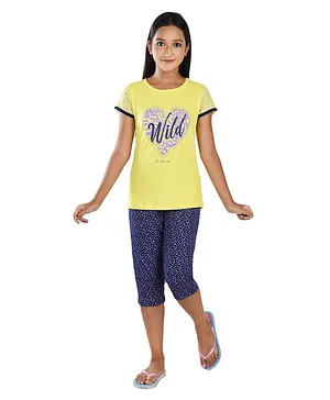 Clothe Funn Half Sleeves Hearts Printed Knitted Tee With Capri Set  - Yellow & Navy Blue