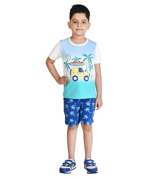Clothe Funn Half Sleeves Palm Tree Printed Knitted Tee With Shorts Set  -  Off White & Royal Blue