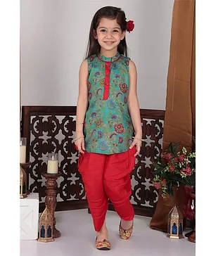 Kinder Kids Sleeveless Floral Printed Kurta With Solid Dhoti - Green & Red
