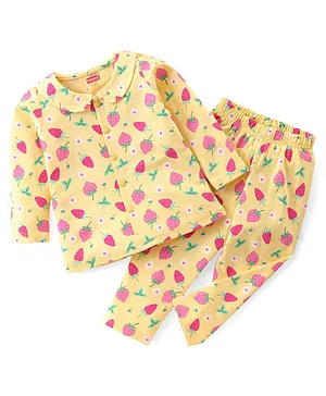 Babyhug Single Jersey Knit Full Sleeves Front Open Top & Lounge Pant Co-Ord Set With Polka Dot Print - Yellow