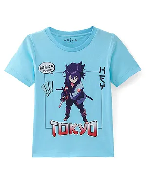 Arias  Cotton Knit Half Sleeves  T-Shirt With Anime Character Placement Print - Blue