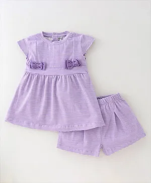 CUCUMBER Cotton  Lycra Knit  Half Sleeves Striped  Frock with Bloomer with Bow Applique   -   Purple