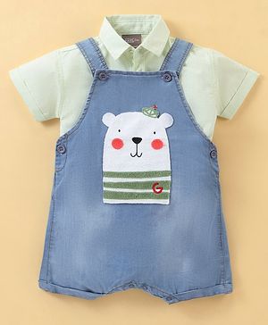 Little Kangaroos Cotton Knit Dungaree with Half Sleeves Shirt & Teddy Applique - Light Blue