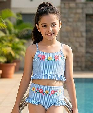 Pine Kids Sleeveless Striped Two Piece Swimsuit with Floral Embroidery & Frill Detailing - Blue