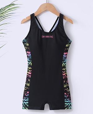 Pine Active Sleeveless Racer Back Legged Swimsuit with Text Print - Black