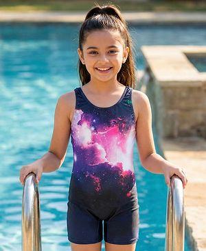 Pine Kids Sleeveless  Legged Swimsuit with Galaxy Theme Print - Navy Blue
