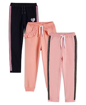 Anthrilo Pack Of 3 Cotton Heart Printed & Frilled Detailed Joggers - Pink Peach & Black