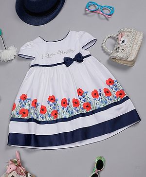 One Friday Half Sleeves Floral Printed & Bow Detailed Dress - White