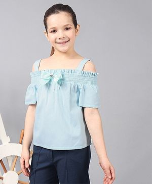 One Friday Cold Shoulder Striped & Bow Detailed Top - Mint Green