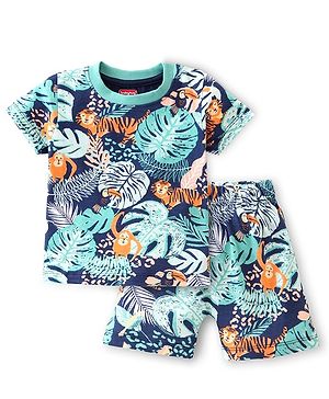Babyhug Cotton Knit Half Sleeves Tropical Printed Night Suit - Multicolour