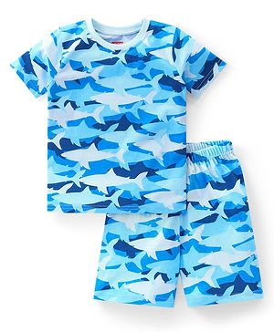 Babyhug Cotton Knit Half Sleeves Sharks Printed Night Suit - Blue