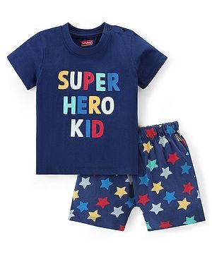 Babyhug Cotton Knit Half Sleeves Night Suit With Text & Stars Print - Navy