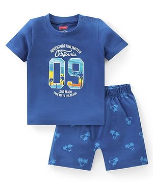 Babyhug Cotton Knit Half Sleeves Night Suit Palm Print - Navy Blue