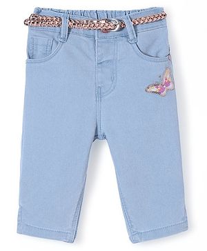 Babyhug Denim Capri Solid with Belt & Butterfly Applique - Light Blue