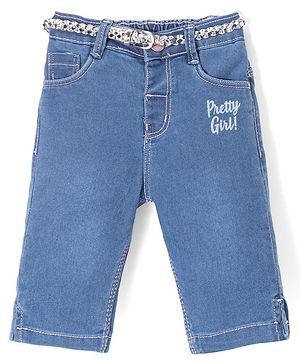 Babyhug Denim With Strech Capri & Belt Text Print - Blue