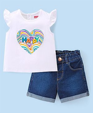 Babyhug Cotton Knit Single Jersey Frill Sleeves Top & Denim Shorts With Text Print - White & Navy Blue