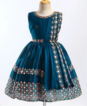 Enfance Sleeveless Mirror Work Embellished Flared  Dress - Peacock Blue