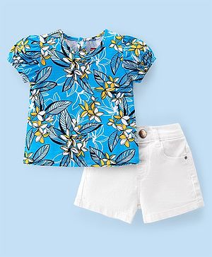 Babyhug 100% Cotton Knit Single Jersey Half Sleeves Top & Denim Shorts With Floral Print - White & Blue