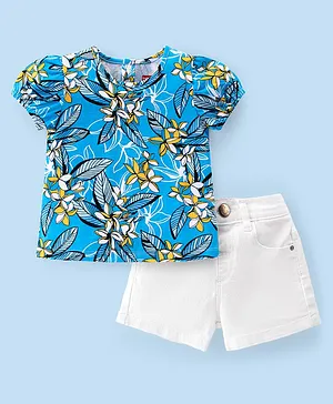 Babyhug 100% Cotton Knit Single Jersey Half Sleeves Top & Denim Shorts With Floral Print - White & Blue