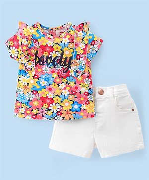 Babyhug 100% Cotton Knit Single Jersey Half Sleeves Top & Denim Shorts With Floral Print - Multicolour