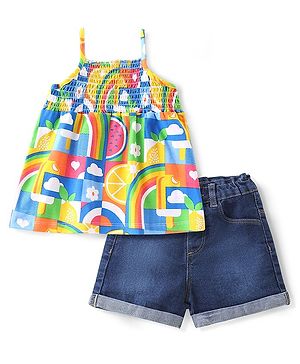 Babyhug 100% Cotton Knit Sleeveless Top & Shorts With Abstract Print - Multicolour