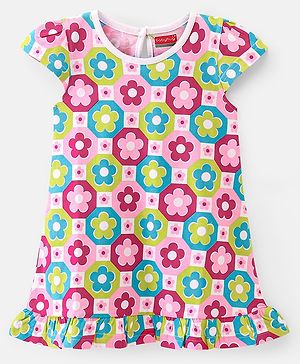 Babyhug Single Jersey Knit Cap Sleeves Nighty Floral Print - Pink