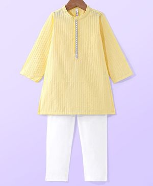 Babyhug Cambric Full Sleeves Pintucked Kurta with Embroidered Neck & Pyjama Set - Yellow