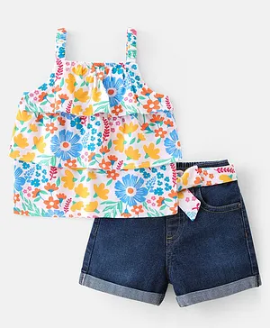Babyhug 100% Cotton Knit Single Jersey Sleeveless Top & Denim Shorts With Floral Print - Multicolour