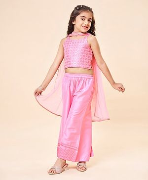 Babyhug Sleeveless Embroidered & Sequinned Crop Top With Palazzo and Dupatta Set - Light Pink